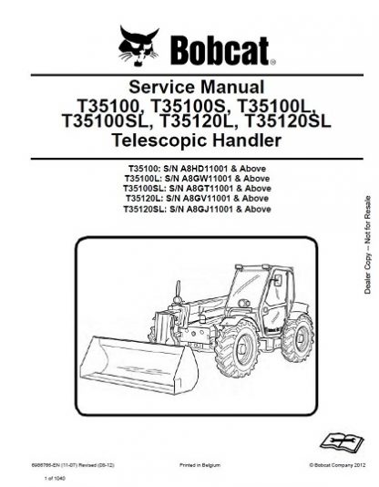 Bobcat T35100-T35120SL Telescopic Handler Service Manual