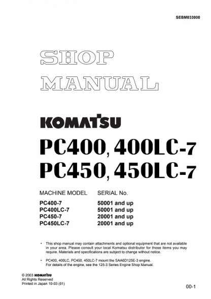 Komatsu Pc400lc-7, Pc450lc-7 Hydraulic Excavator Service Manual