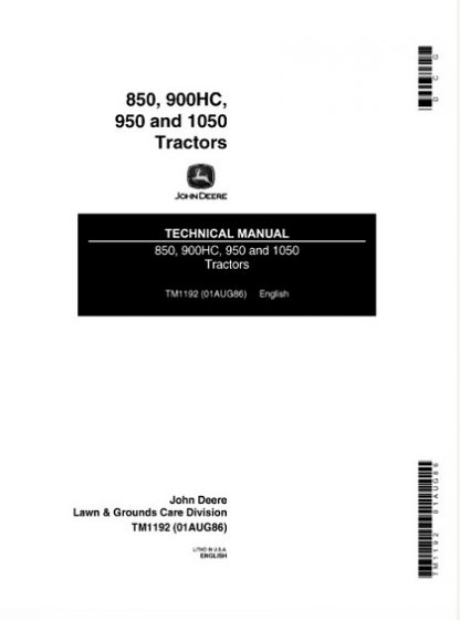 John Deere 850, 900HC, 950, 1050 Tractors Service Technical Manual