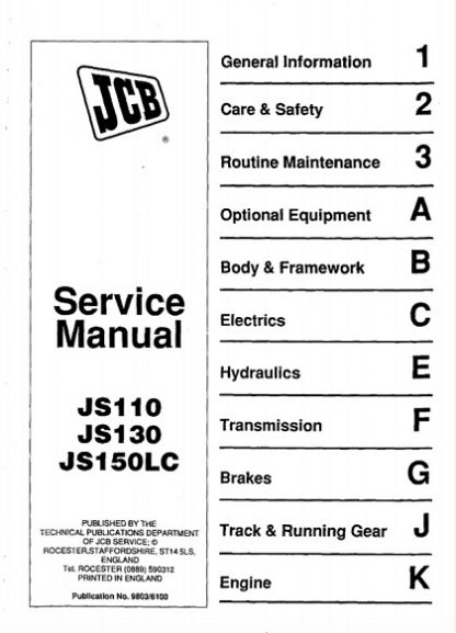 JCB JS110, JS130, JS150LC Tracked Excavator Service Repair Manual