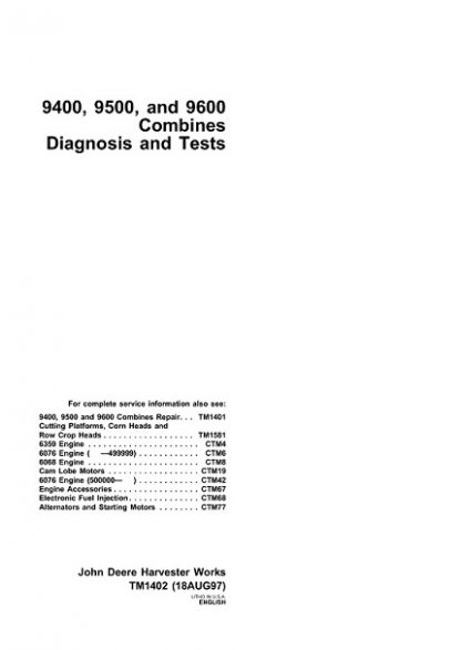 John Deere 9400, 9500, 9600 Combines Diagnosis and Tests Technical Manual