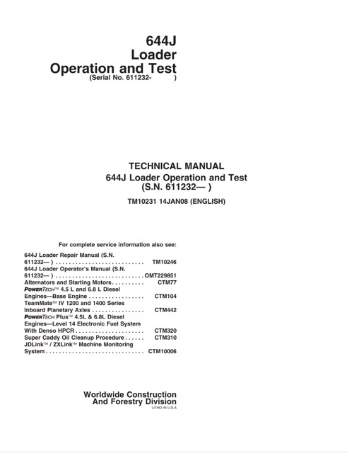 tm10231 John Deere 644J Loader Operation and Tests Technical Manual